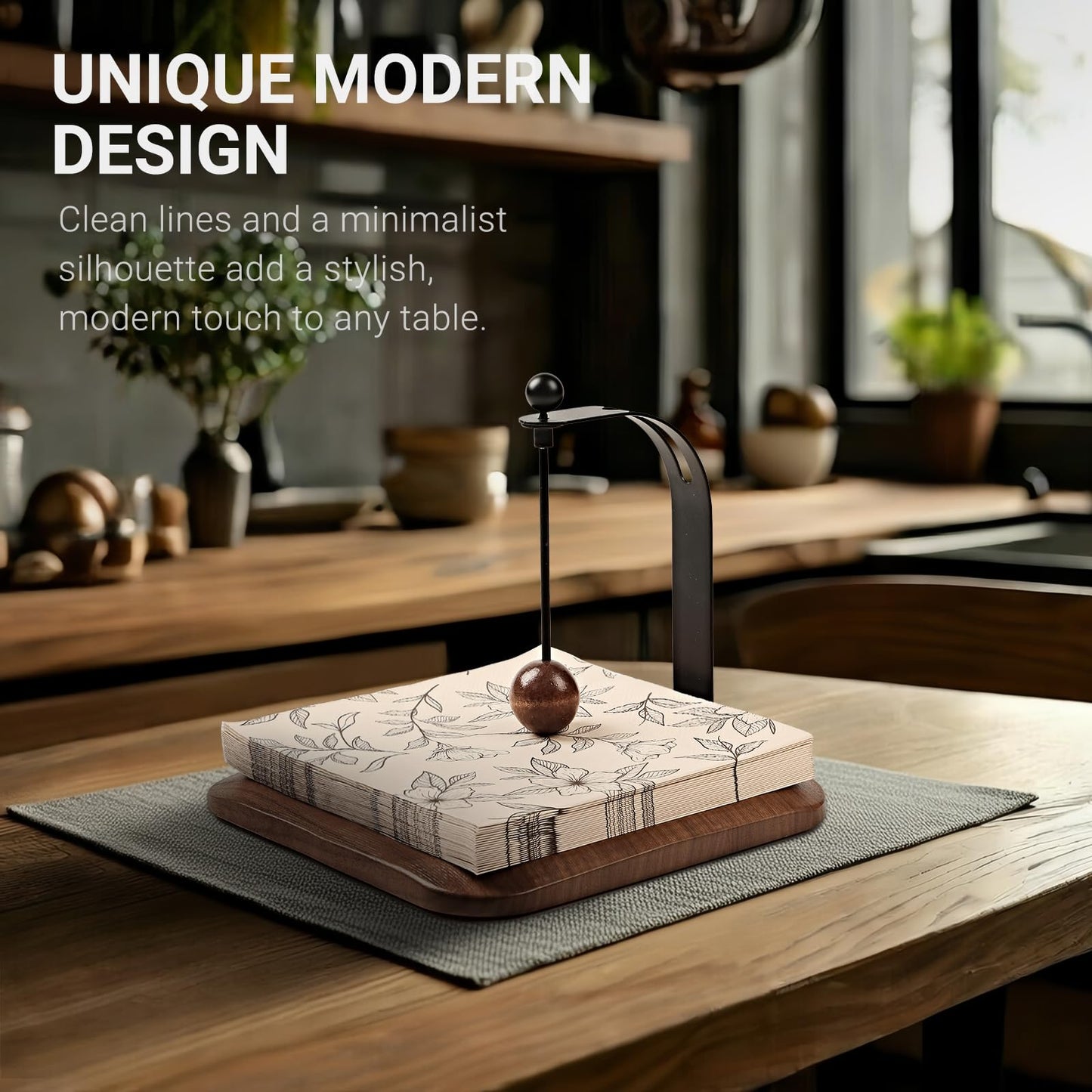 Modern Table Napkin Holder in Solid Black Walnut Wood, Large Decorative Design with Wind-Resistant Feature, Fits Standard 6.5" Napkins for Kitchen, Dining, or Outdoor Use