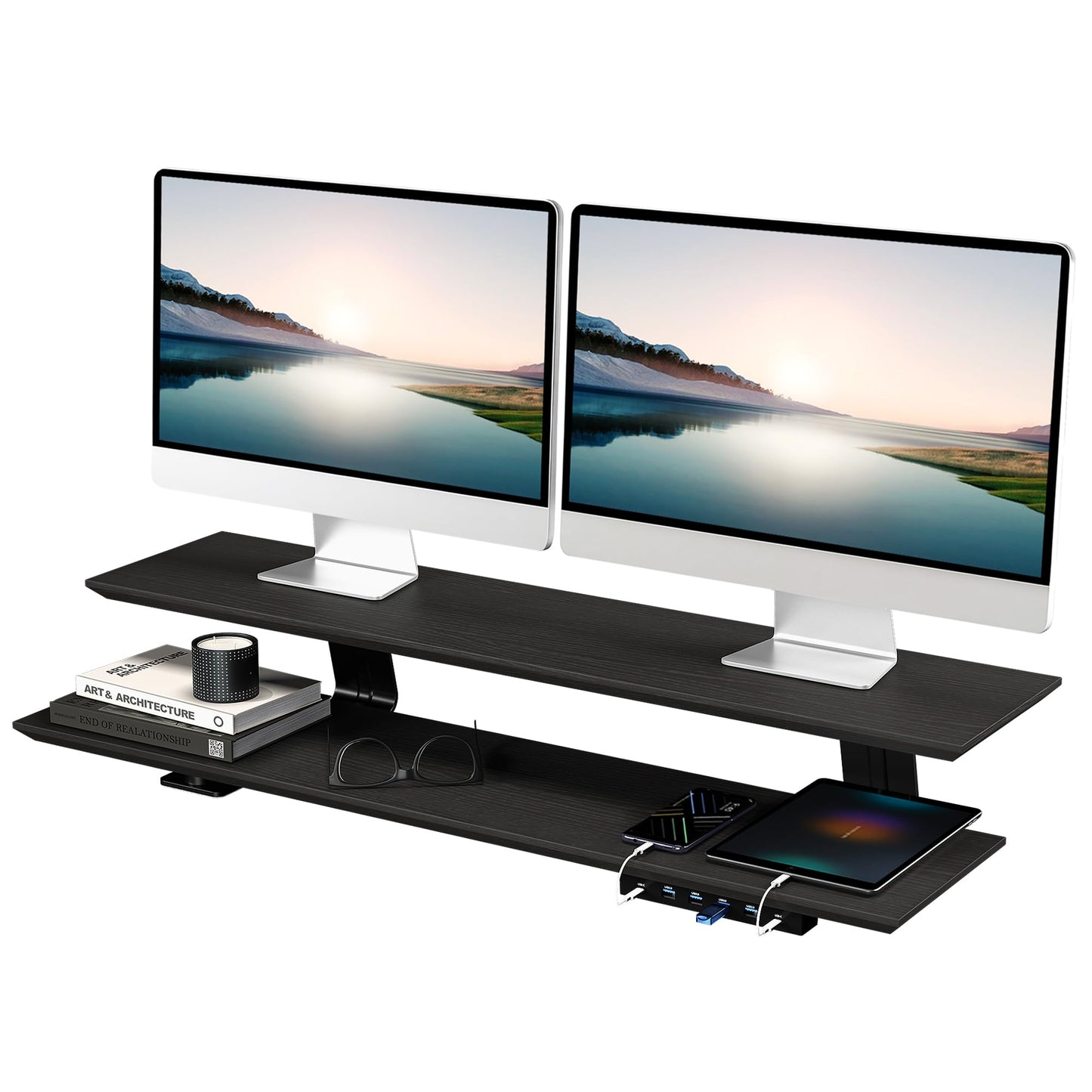Furnny 2-Tier Dual Monitor Riser with 6-Port Hub – 39.4" Extra Wide Solid Wood Plywood Desk Stand for Dual Monitors, 30w Fast Charging USB C/A Ports, Heavy Duty Desk Organizer, Black Wood Grain Finish