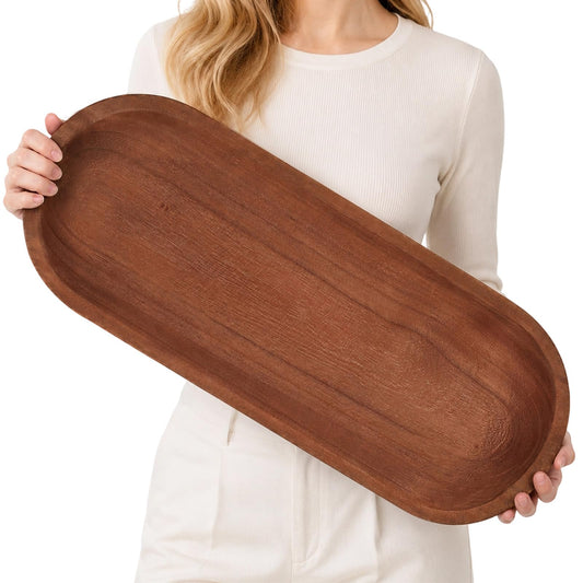 Duseu 25.5 Inch Wooden Dough Bowls for Decor, Wood Long Decorative Bowl, Rustic Large Dough Bowl Centerpiece Trays for Dining Table, Coffee Table, Entryway (Brown)