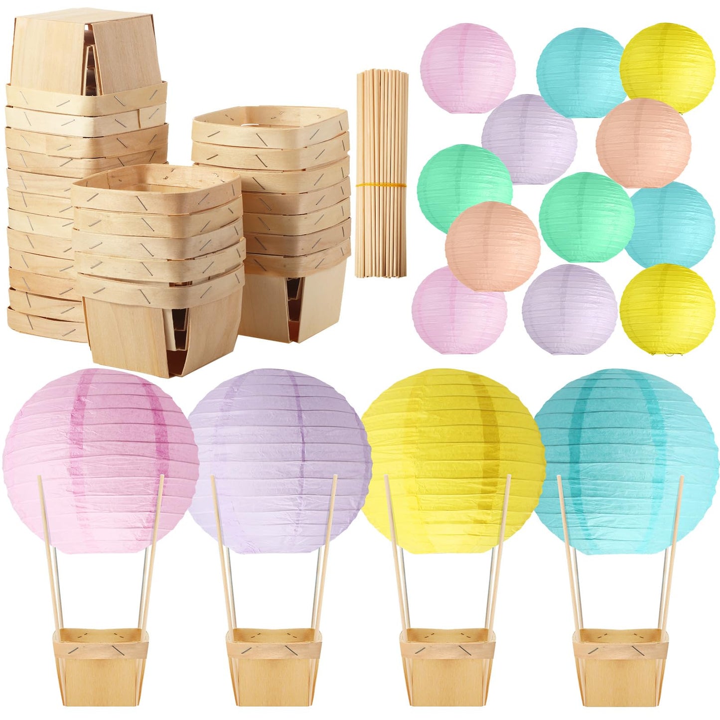 Namalu 24 Set Hot Air Balloon Centerpieces Paper Lanterns Wooden Candy Boxes with Sticks DIY Craft for Baby Shower Summer Birthday Graduation Party Table Decoration(Macaron)