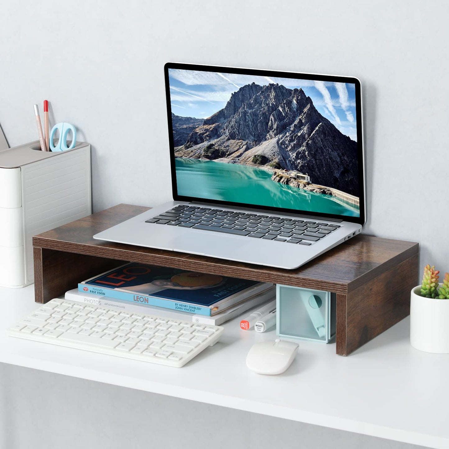 TEAMIX 42 inch+20 inch Monitor Stand Wood & Steel Desktop Riser for for Desktop Office Desk Organizers