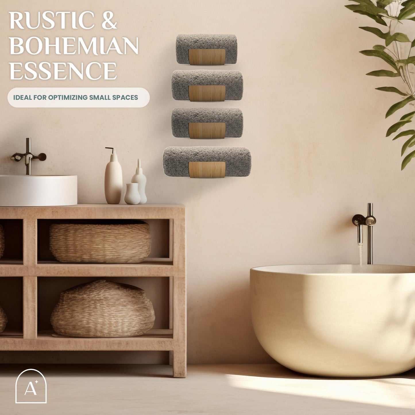 Bamboo Towel Rack by Aura Nest Set of 4 Wood Towel Racks Bamboo Bathroom Accessories -Wall Towel Holder for Rolled Towels Wooden Towel Racks for Bathroom Spa Bathroom - Natural Bamboo