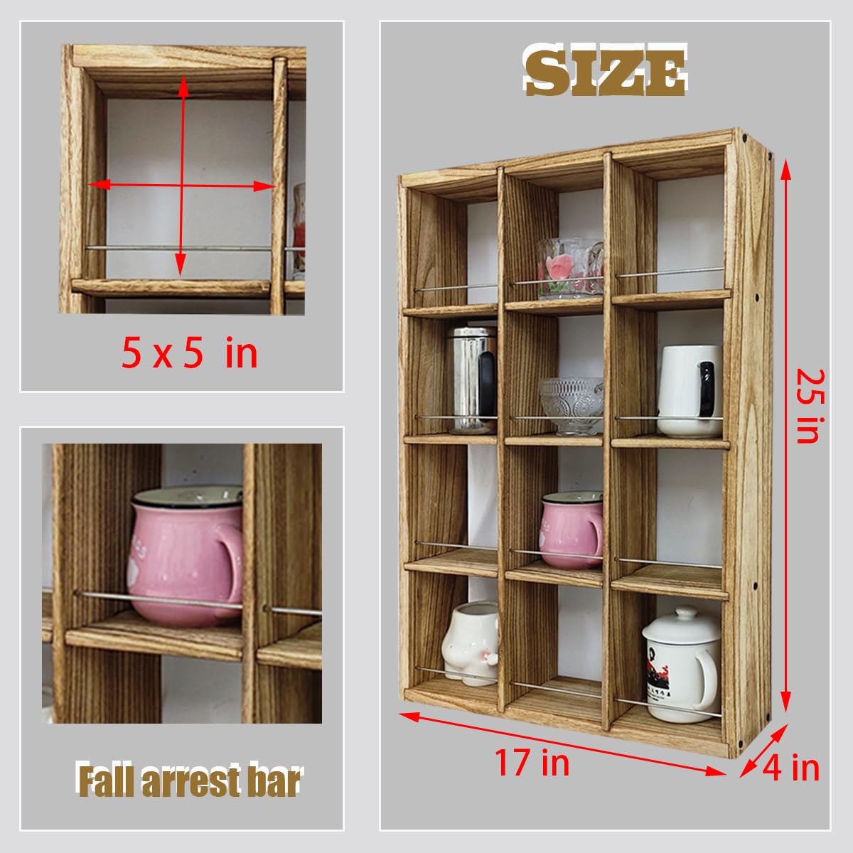 YIYUESHIJIU Wall Mounted Coffee Cup Holder, Cup Holder, 4-Tier Cup Display Shelf, Kitchen Coffee Bar Storage Organizer for Mugs, Cups and Collectibles with 12 Compartment (Walnut)