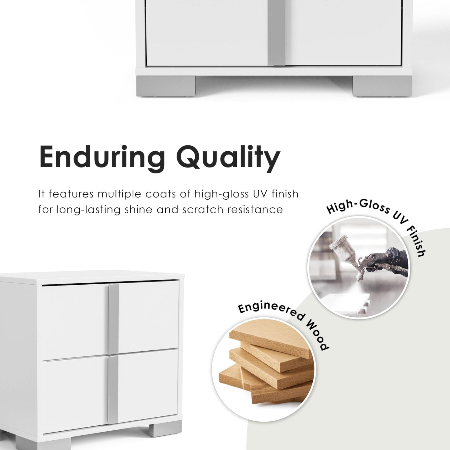 Furniture of America Alistair Modern Wood Nightstand with 2 Drawers and Vertical Chrome Handles, Large Bedside Table, Wooden Night Stand for Bedroom, Guest Room, Dorm, No Assembly Needed, White