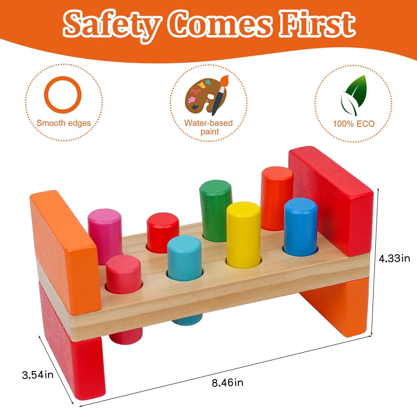 Hidoggy Wooden Hammer Toy for Toddlers 1-3, Montessori Pounding Bench Toy with 8 Pegs and Mallet for Hand-Eye Coordination, STEAM Toddler Toy