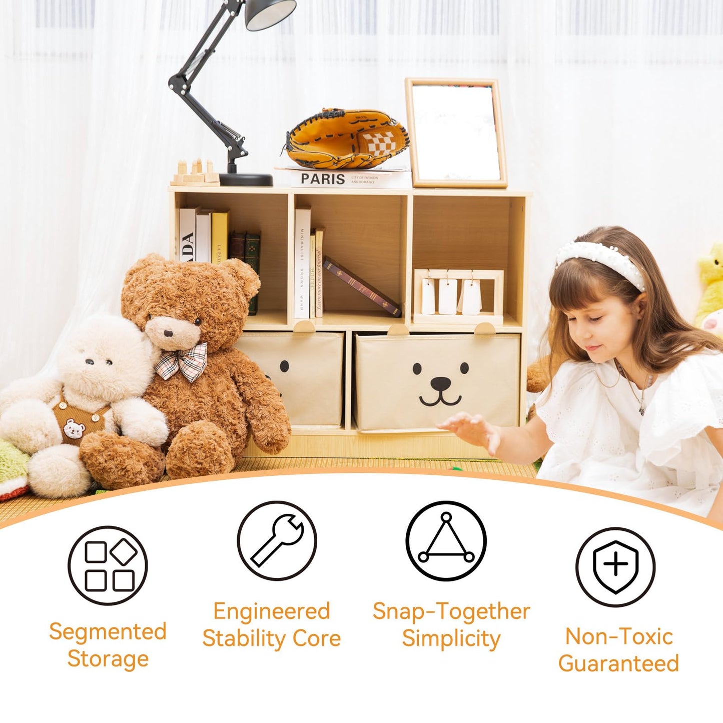 OgiOgi Montessori Shelf,Wooden Kids Storage Organizer for Toddlers,5-Section Storage Cabinet,2-Shelf Bookcase,Book Shelf for Kids Rooms, Book Storage Display for Bedroom Classroom(Nursery-Burlywood)