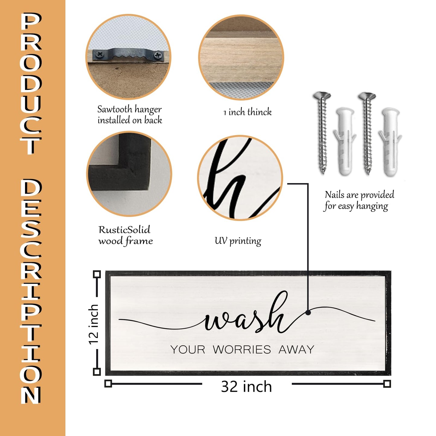 RLWangChao Farmhouse Laundry Room Wall Decor Wash Your Worries Away Sign 32×12 Inch Bathroom Inspirational Quote for Shower Room above the Bathtub Wooden Framed Minimalist Wall Hanging Art (Black)