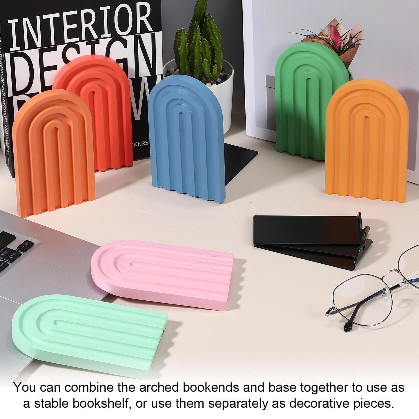 PATIKIL 4Pcs Boho Arch Bookends, Non-Skid Wood Book Ends Rainbow Wooden for Shelves Book Stopper Stand Cute for Holding Books Movie CD Home Office Library Decorative, Yellow/Pink/Blue Tone