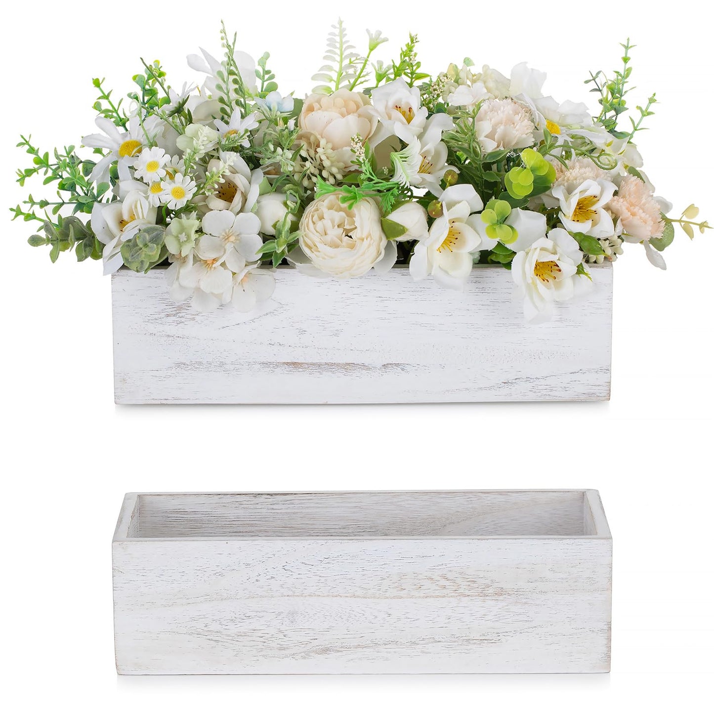 NUPTIO Wooden Box Centerpiece for Table: 2 Pcs 11.8" Long Wood Rectangle Planter Boxes - Farmhouse Washed White Planters for Fall Wedding Dining Living Room Window Mantel Table Decor