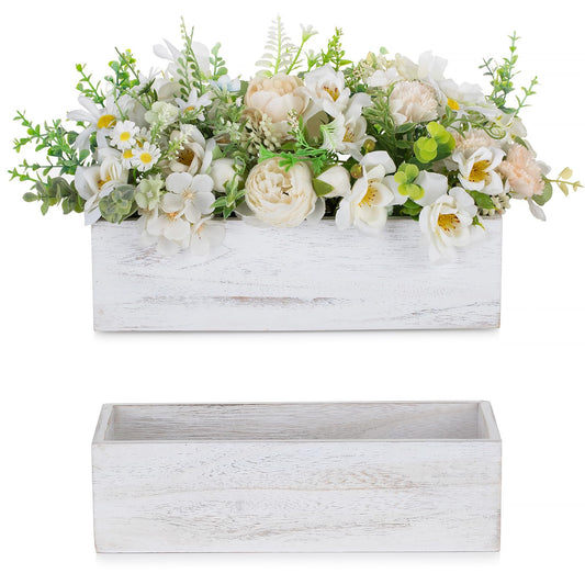 NUPTIO Wooden Box Centerpiece for Table: 2 Pcs 11.8" Long Wood Rectangle Planter Boxes - Farmhouse Washed White Planters for Fall Wedding Dining Living Room Window Mantel Table Decor