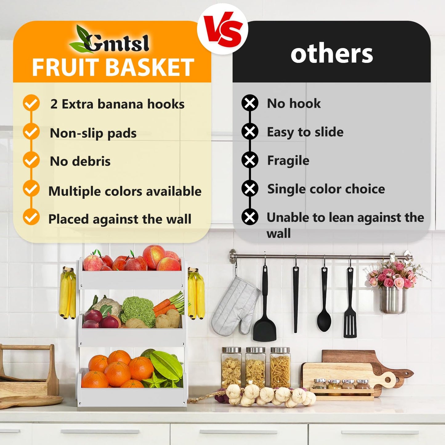 Gmtsl Bamboo Fruit Basket for Kitchen– 3 Tier Fruit Bowl For Kitchen Counter, Large Fruit Holder With Banana Hangers, Idea For Vegetable Storage, Bread Display, Snack Organizer(White)