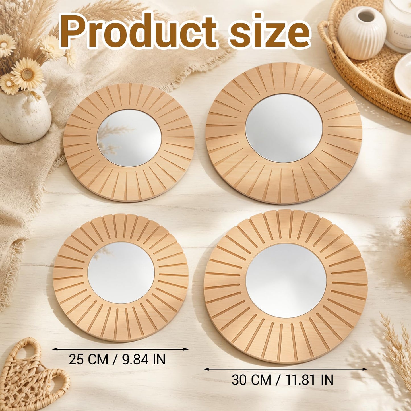 Yerliker 4 Pack Hanging Wooden Wall Art Decor, 12" 10" Wall Mounted Round Mirror with Wooden Frame, Rustic Farmhouse Boho Accent Home Decor Set for Bedroom Living Room Entryway Dining Room Nursery