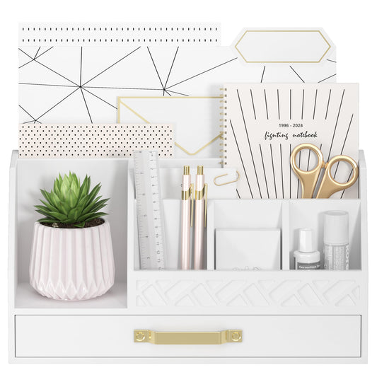 Wisuce Essentials Bamboo Desk Organizer with Drawers, Mail Organizer Countertop Wood Desk Drawer Tabletop Storage Organization Pen Holder Letter Sorter Makeup Organizer for School Home Office (White)