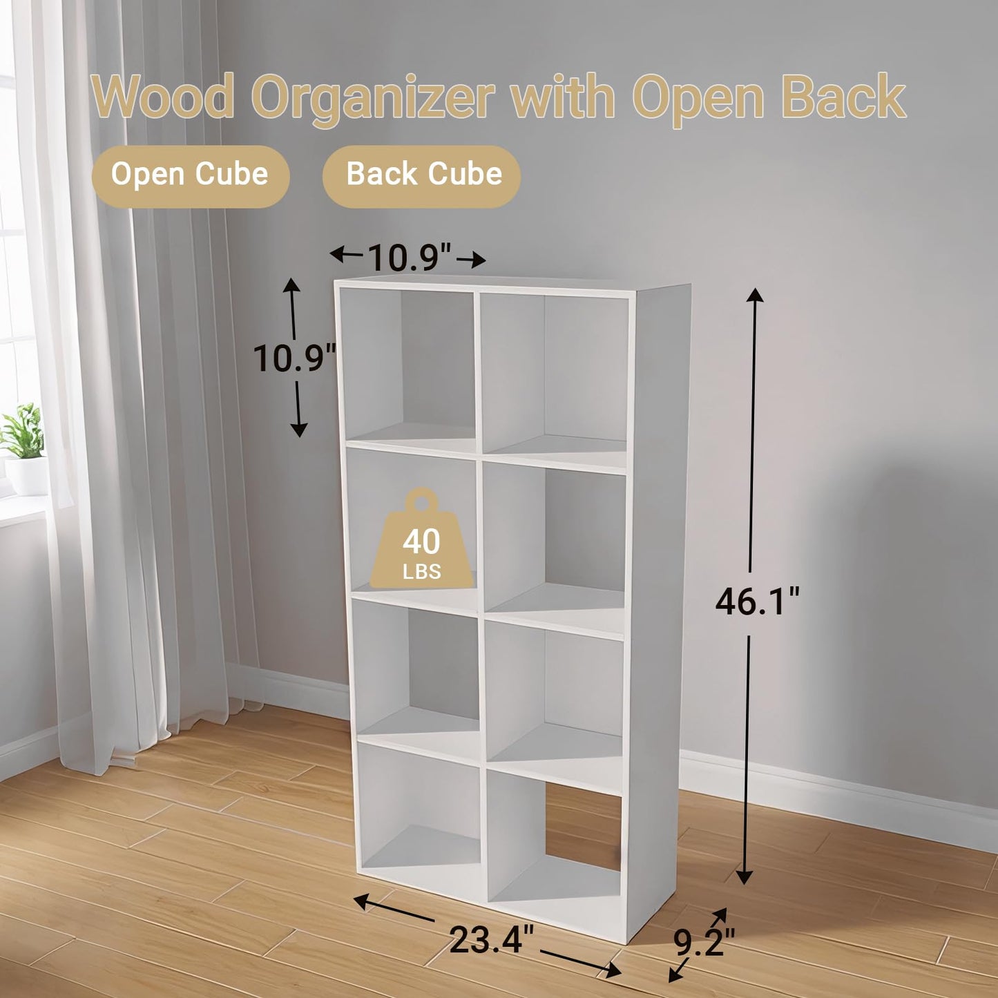 NewBeth 8-Cube Bookshelf, Tall Open Back Storage Shelves, Heavy Duty Wood Cubby Organizer for Small Spaces, Dorm Room Apartment Office, Unit for Book Toy Record Player Display (White, 8-Cube)