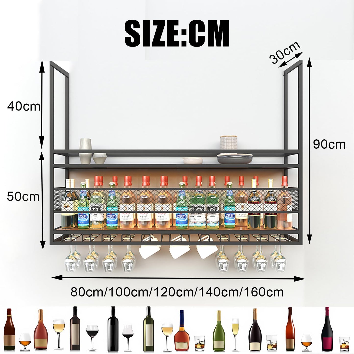 amhricho 39.3in Ceiling Wine Glass Rack, 2-Tier Wooden Hanging Wine Rack, Industrial Black Metal Hanging Wine Storage Holder, with Glass Holder for Restaurant, Bar (BLACK, 39.3 * 11.8 * 35.4INCH)