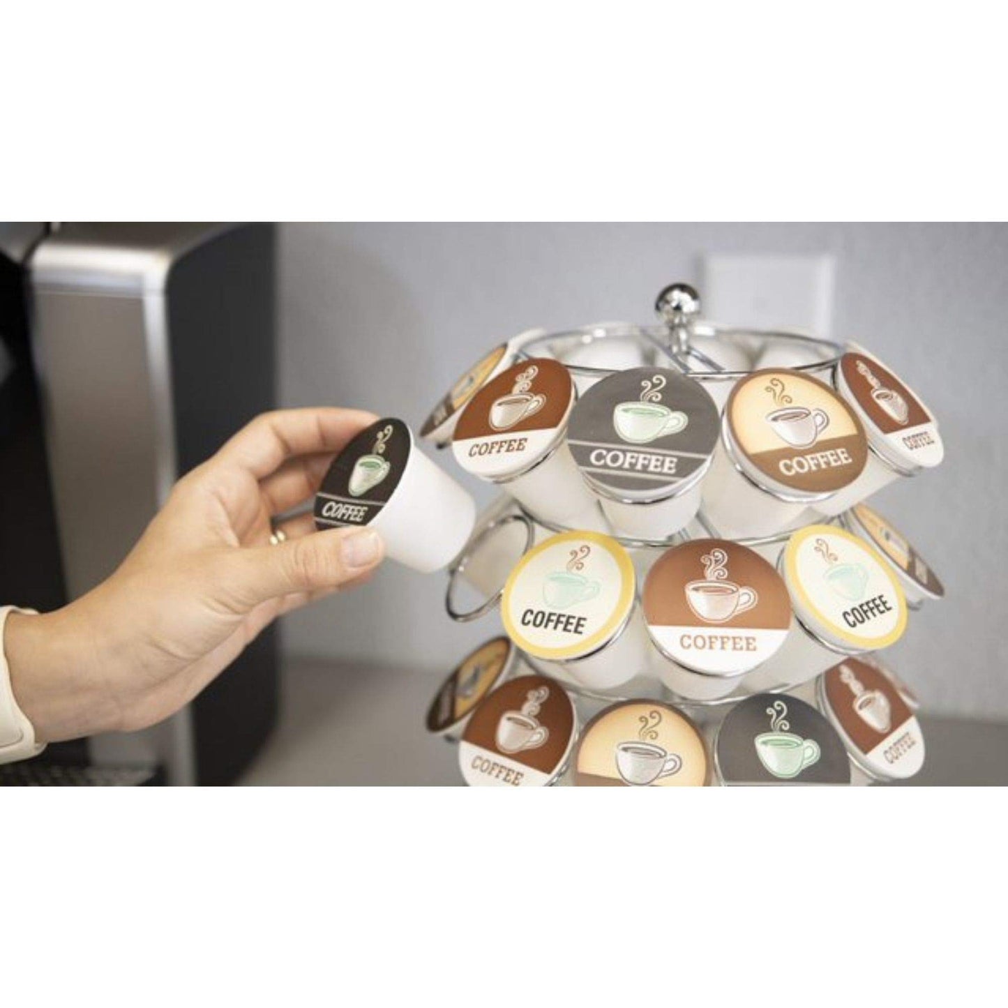 Nifty K Cup Holder – Compatible with K-Cups, Coffee Pod Carousel | 36 K Cup Holder, Spins 360-Degrees, Lazy Susan Platform, Modern Chrome Design, Home or Office Kitchen Counter Organizer