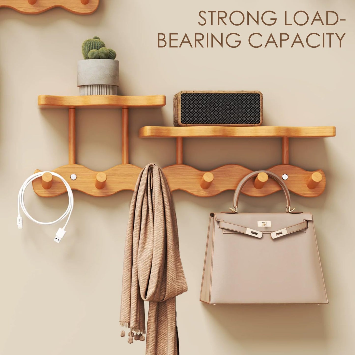 Wall-Mounted Coat Rack with Shelf, Wooden Coat Hanger with 6 Sturdy Hooks, Drill-Mounted Design for Hanging Clothes, Hats, Towels, Bags, and Robes (Natural Color)