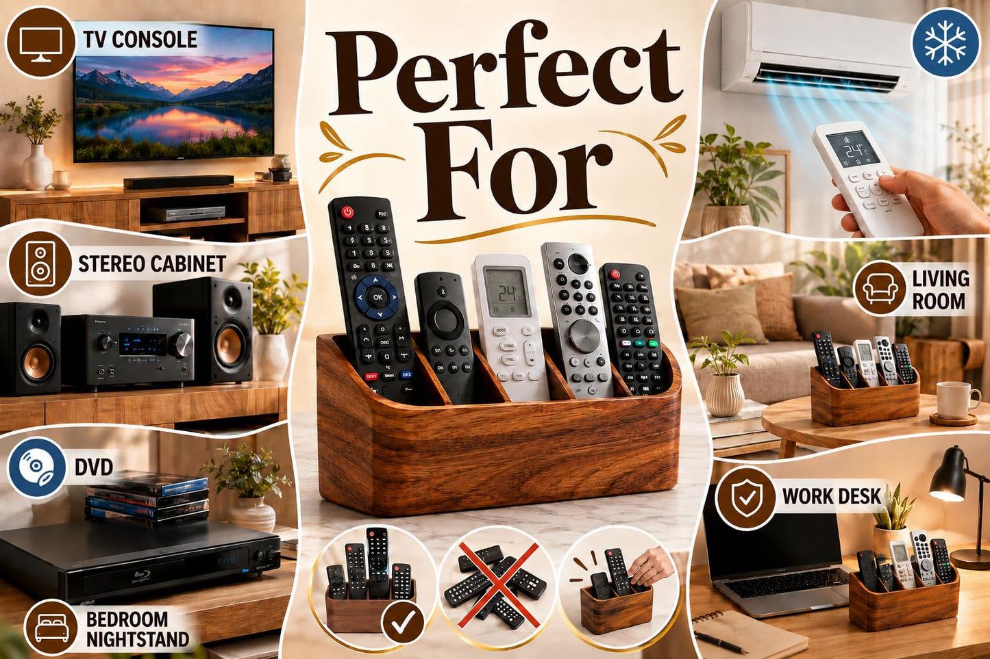 Handcrafted Wooden Remote Control Holder Organizer Stand For Bedside Table Desk Recliner Couch Remotes Handy Space Saving Home Media Organizer Remote Caddy Rack For TV Housewarming Gift Idea
