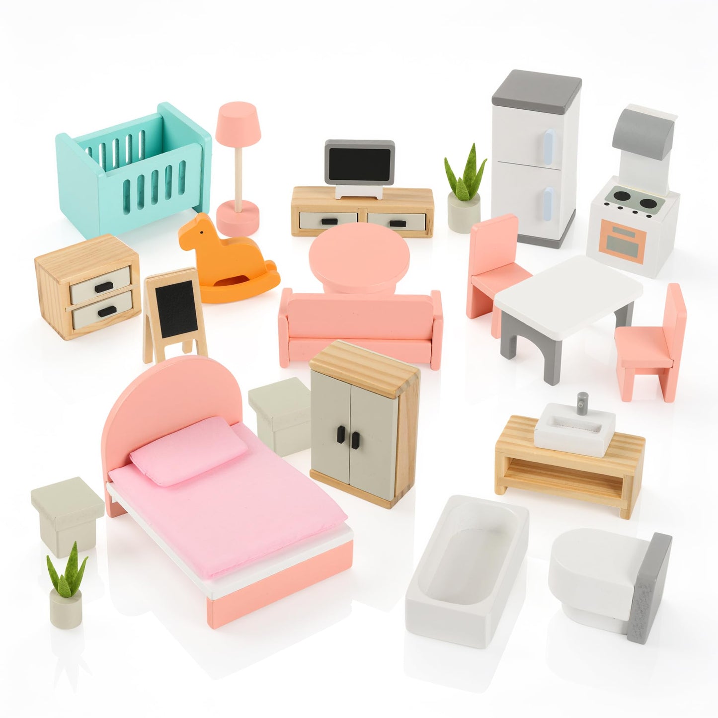 Wooden Dollhouse Furniture Set，Miniature Doll Furniture Accessories with 5 Rooms,for Kitchen, Living Room, Bedroom, Bathroom, Babyroom,Pretend Play Furniture for Toddlers 3 4 5 6 Years Old