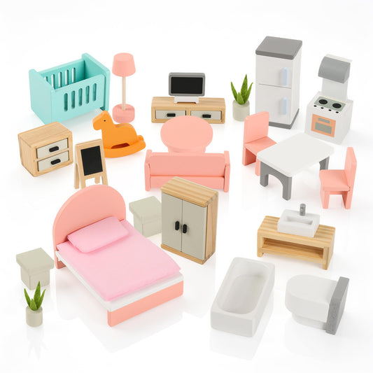 Wooden Dollhouse Furniture Set，Miniature Doll Furniture Accessories with 5 Rooms,for Kitchen, Living Room, Bedroom, Bathroom, Babyroom,Pretend Play Furniture for Toddlers 3 4 5 6 Years Old