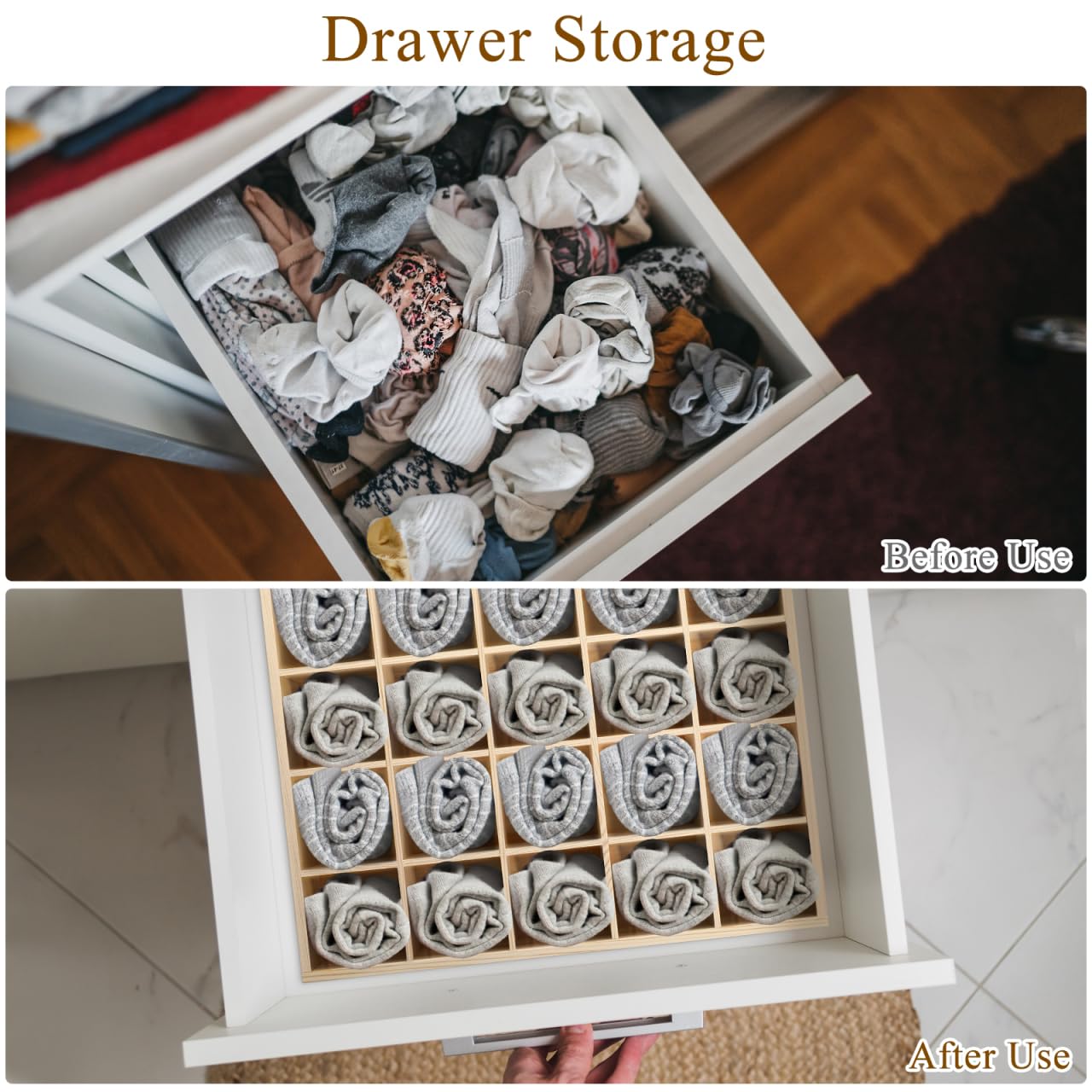 Cabilock 20-Compartment Wooden Drawer Organizer - 13x11 inch Solid Pine Wood Shallow Socks and Underwear Divider, Stackable Small Items Storage Tray for Dresser & Closet (2.37" Grid)