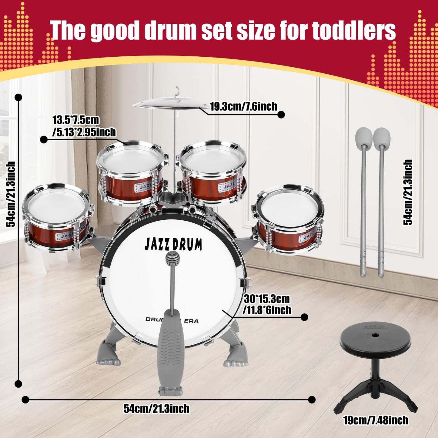 Kids Drum Set for Toddlers 3-5 - Musical Instruments Toys Drum Kit 9 Pcs with Stool, Birthday Musical Toys for Toddlers 3 4 5 Year Old Boys Girls