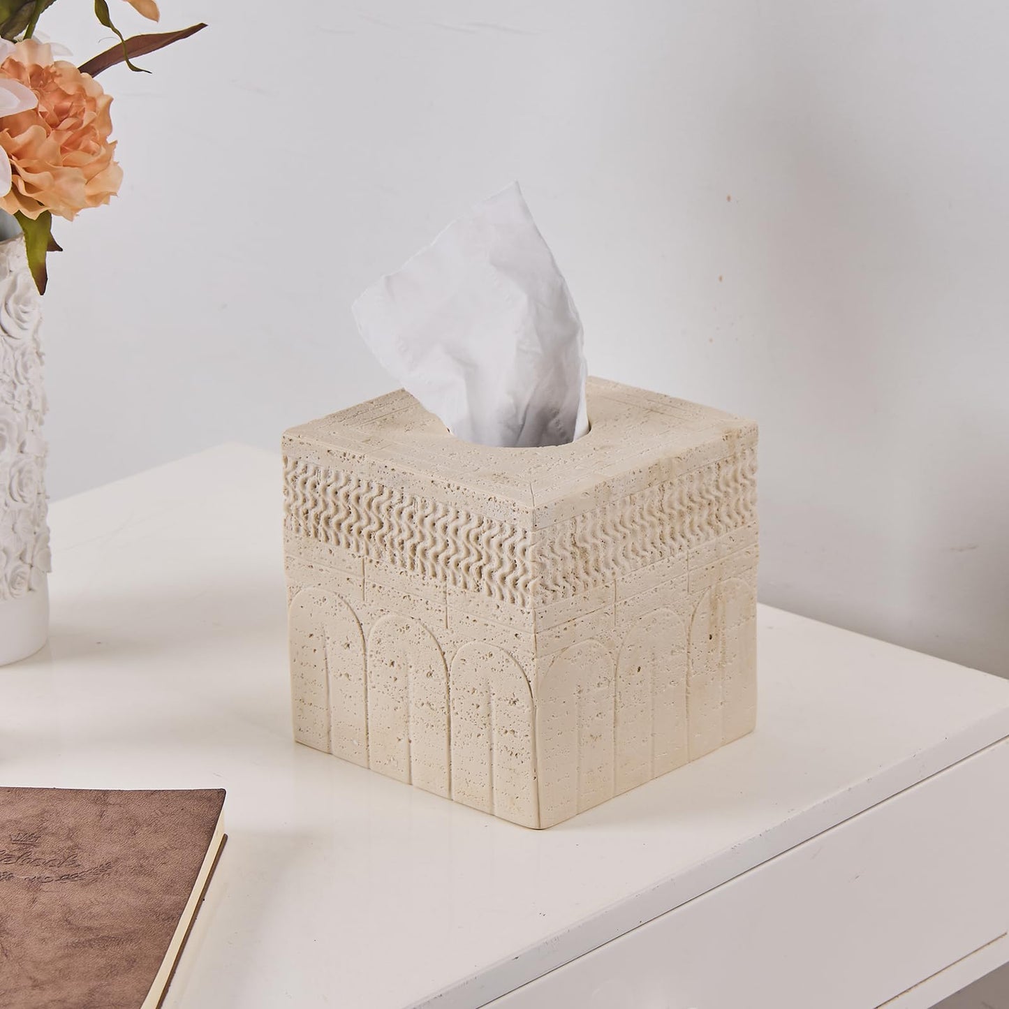 Travertine Tissue Box Cover – Classic Carved Square Resin Tissue Box Holder – Heavy Duty Decorative Home & Bathroom Decor for Countertop, Tabletop, Night Stand, Office – Beige