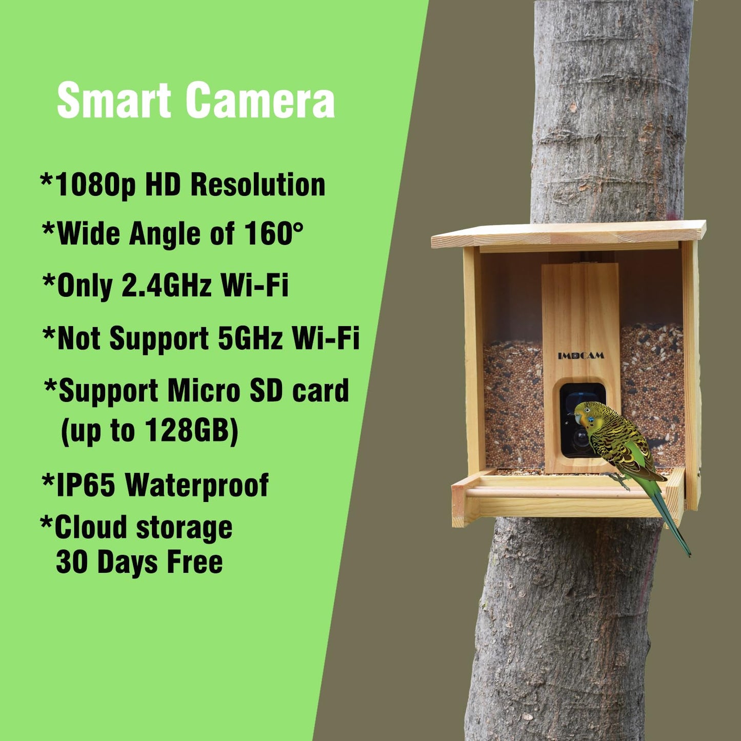 IMOCAM Smart Wooden Bird Feeder with Camera-Solar Power,Bird AI Identifier,1080p HD,5200mAh Battery,3.5L Extra Large,Twin Seed Bins