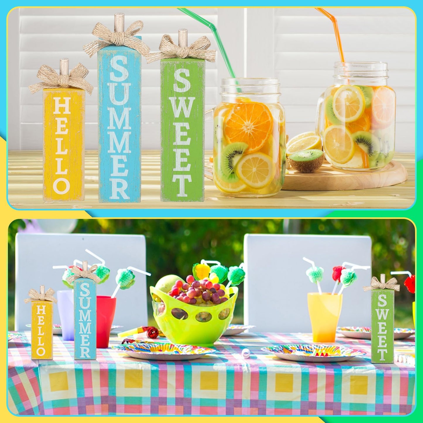 Seeloowy 3 Pcs Hello Sweet Summer Table Block Signs Rustic Farmhouse Wood Lemon Centerpiece Blue Yellow Green Hello Summer Decorations for Tiered Tray Decor Home Office Kitchen Mantel Shelf Indoor