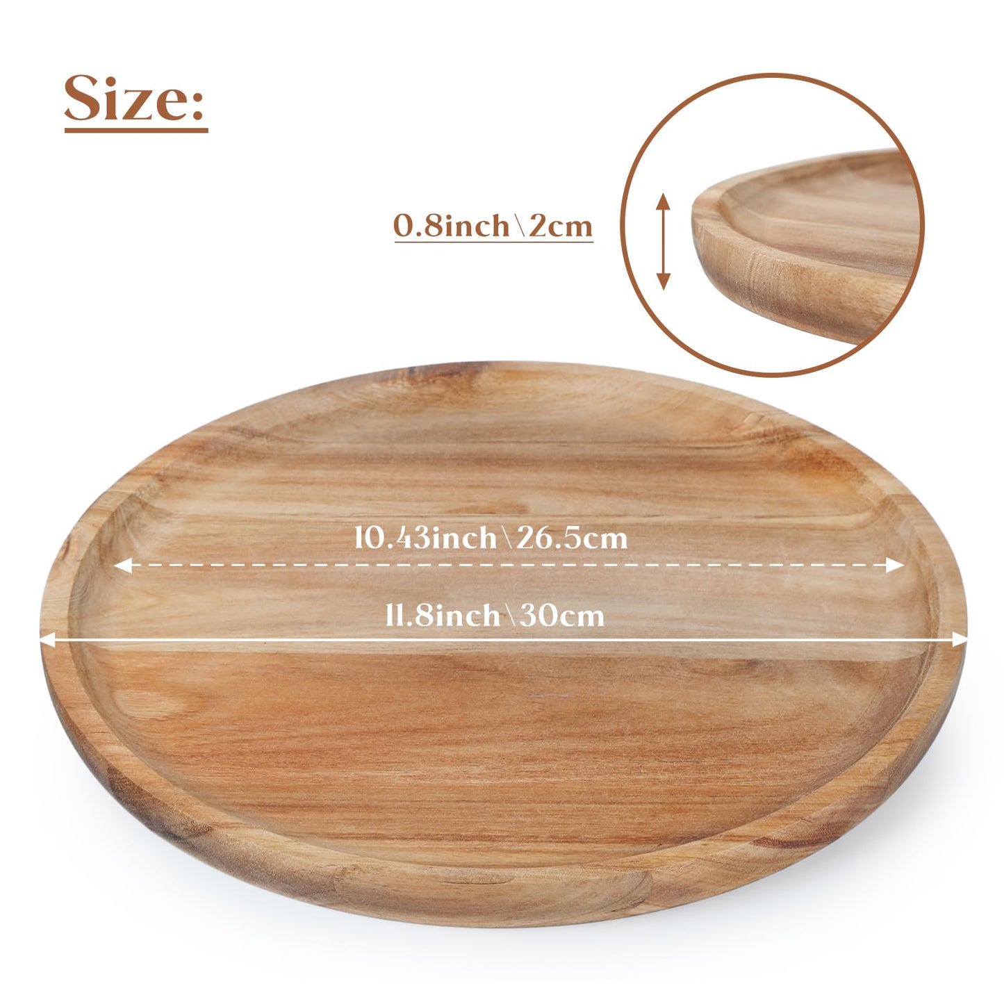 YANGQIHOME 11.8 inches Round Wood Tray, Wooden Serving Tray, Acacia Plates, Appetizer Charcuterie Board, Tray Organizer for Kitchen/Countertop, 11.8 x 11.8 x 0.8 inch
