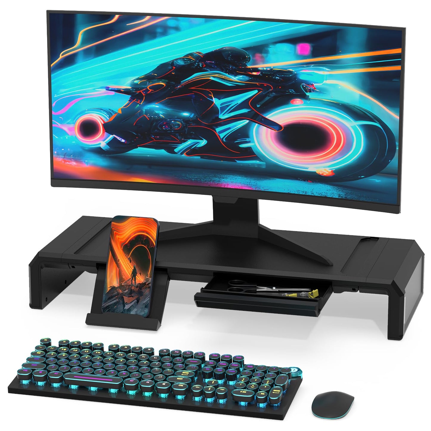 Heymaster Monitor Stand Riser with Drawer, Foldable & Adjustable Length Computer Stand with Phone & Tablet Holder, Space Saving Desk Organizer Shelf for Home Office, Laptop, Desktop
