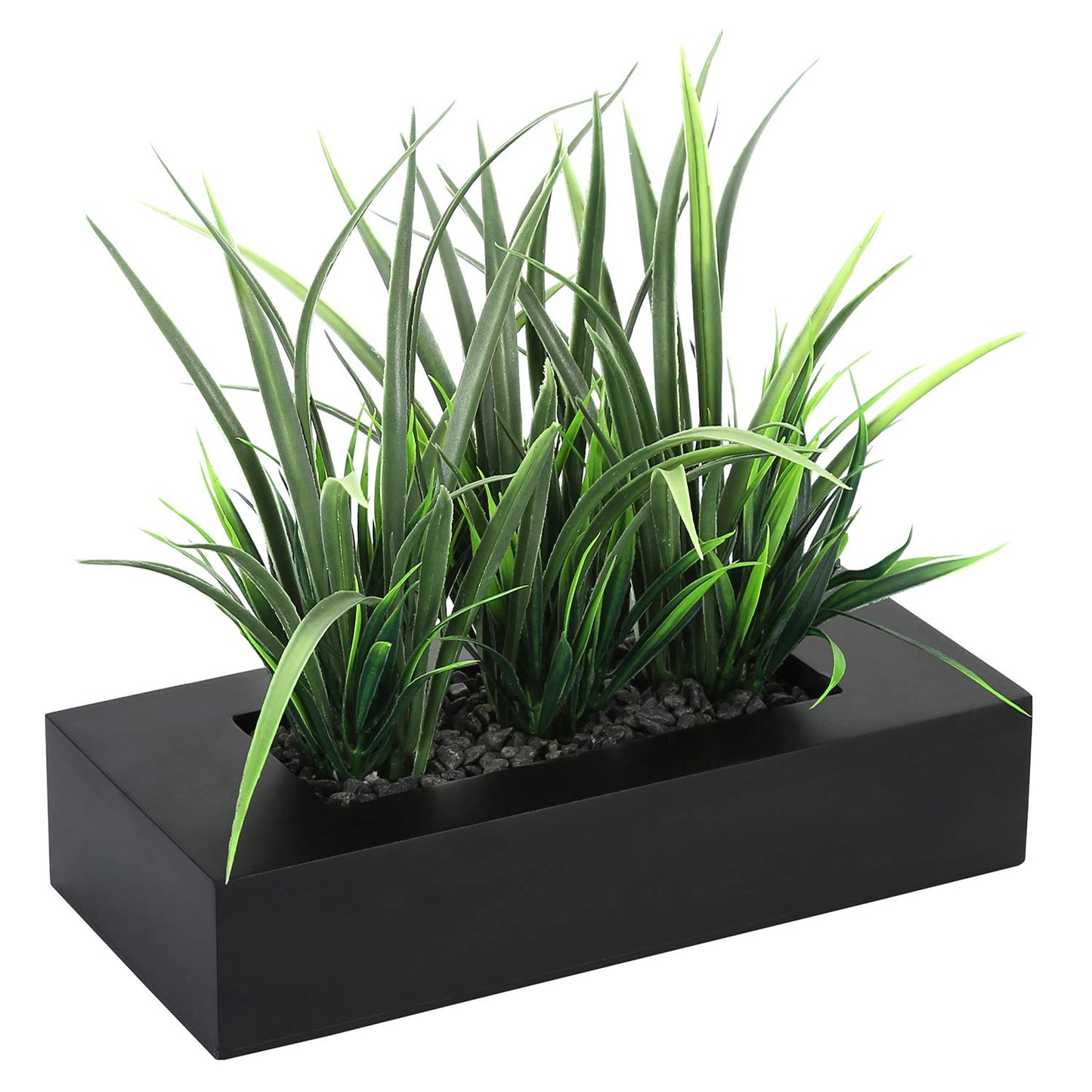 MyGift Artificial Green Grass Plants Potted in 9-inch Matte Black Wood Decorative Planter, Tabletop Faux Greenery in Wooden Rectangular Pot Centerpiece Décor