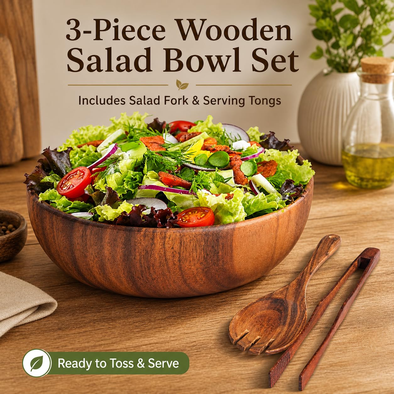 TNCANJU Acacia Wood Salad Bowl Set with Serving Utensils, 9 Inch Wooden Serving Bowl with Salad Fork and Tongs, One-Piece Glue-Free Crack Resistant Bowl for Salad, Fruit, Pasta and Snacks
