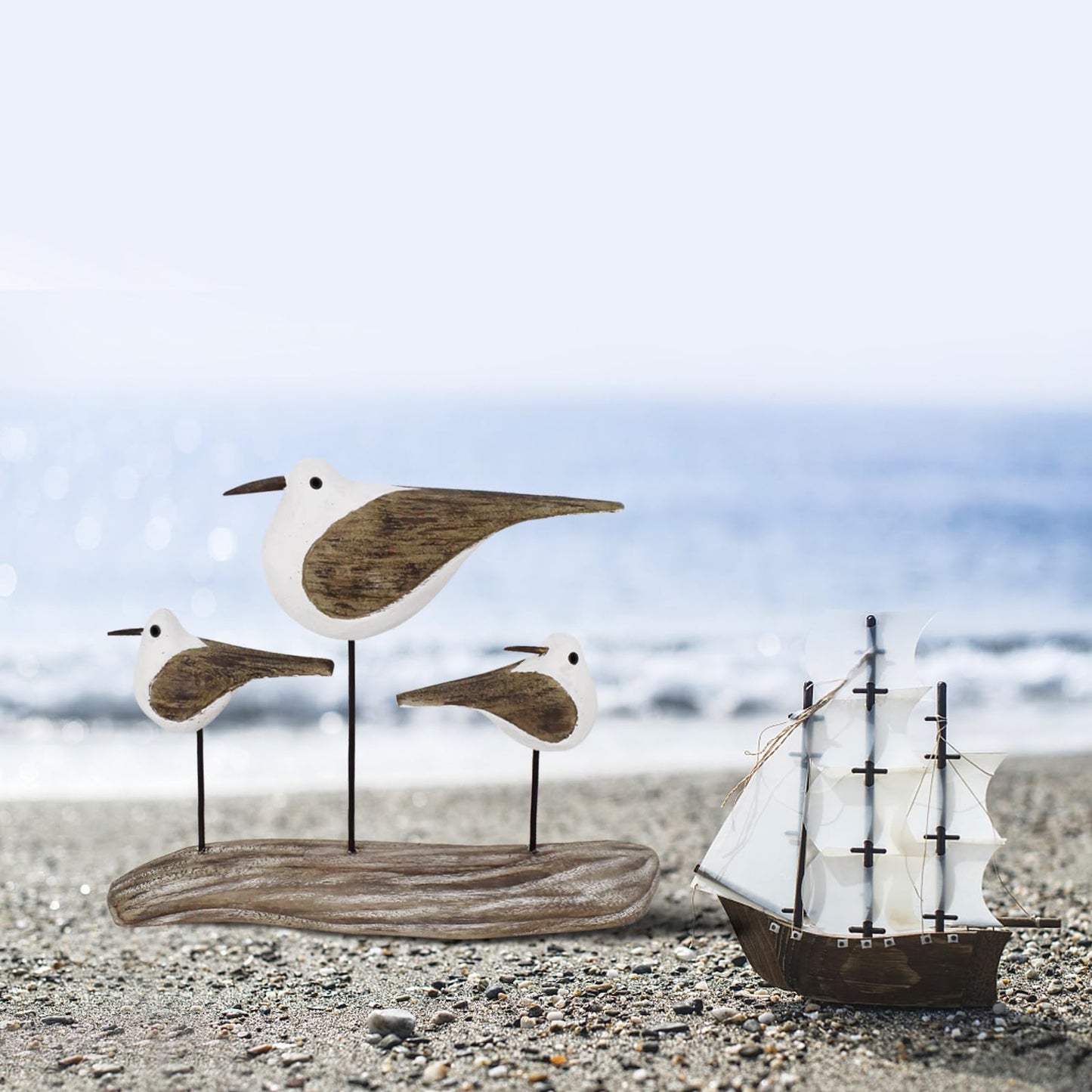 Linfevisi Wooden Seabirds Statue Seagull Decor Indoor Standing Bird Figurine Solid Wood Seagulls Decorations Nautical Coastal Beach Ocean for Home Garden Yard Table 7 Inches Tall