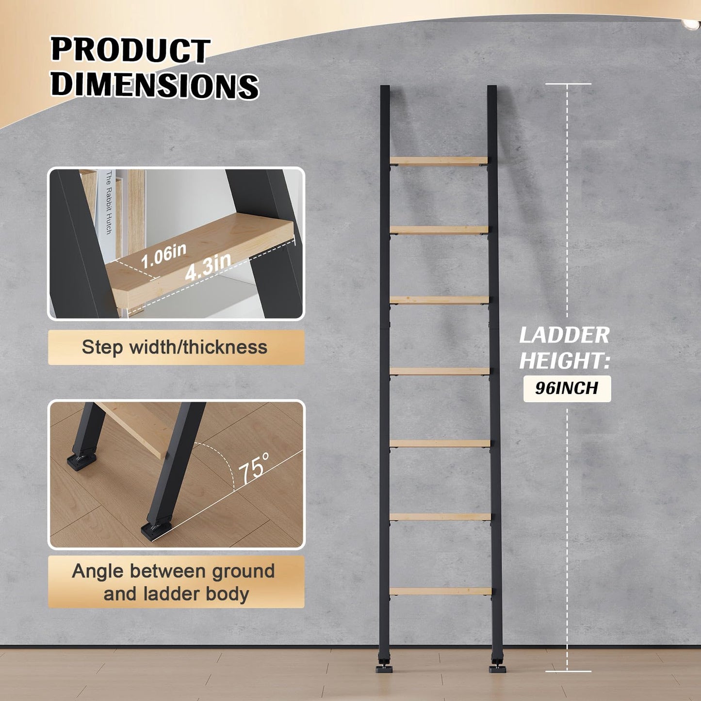 Fredbeck 8ft,96inch Library Ladder Carbon Steel Frame Wooden Step,for Loft