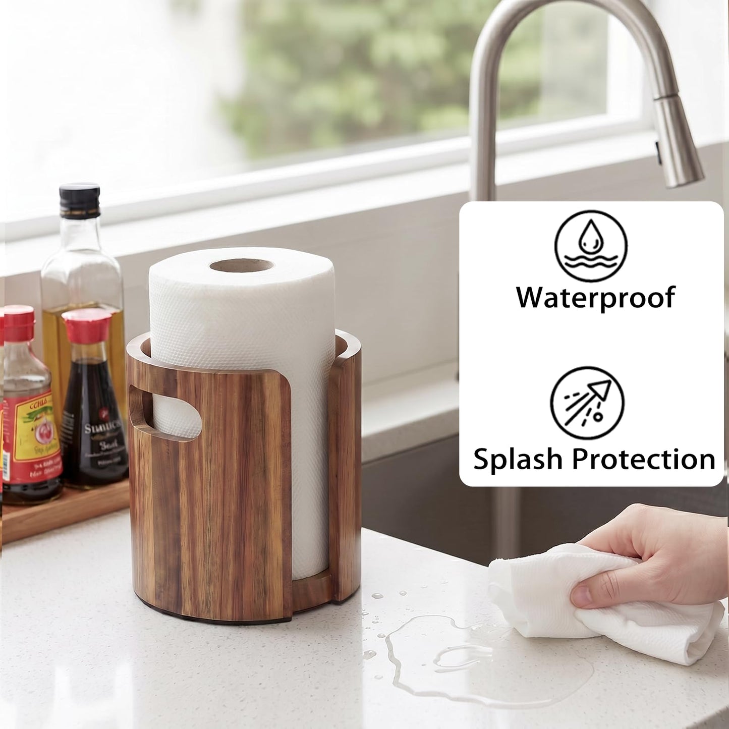 Premium Wood Paper Towel Holder for Kitchen Countertop, Acacia Wooden Kitchen Towel Holder with Splash Guard, Handles & Weighted Non-Slip Base, Home Decor Essentials, for Kitchen, Bathroom, Bar