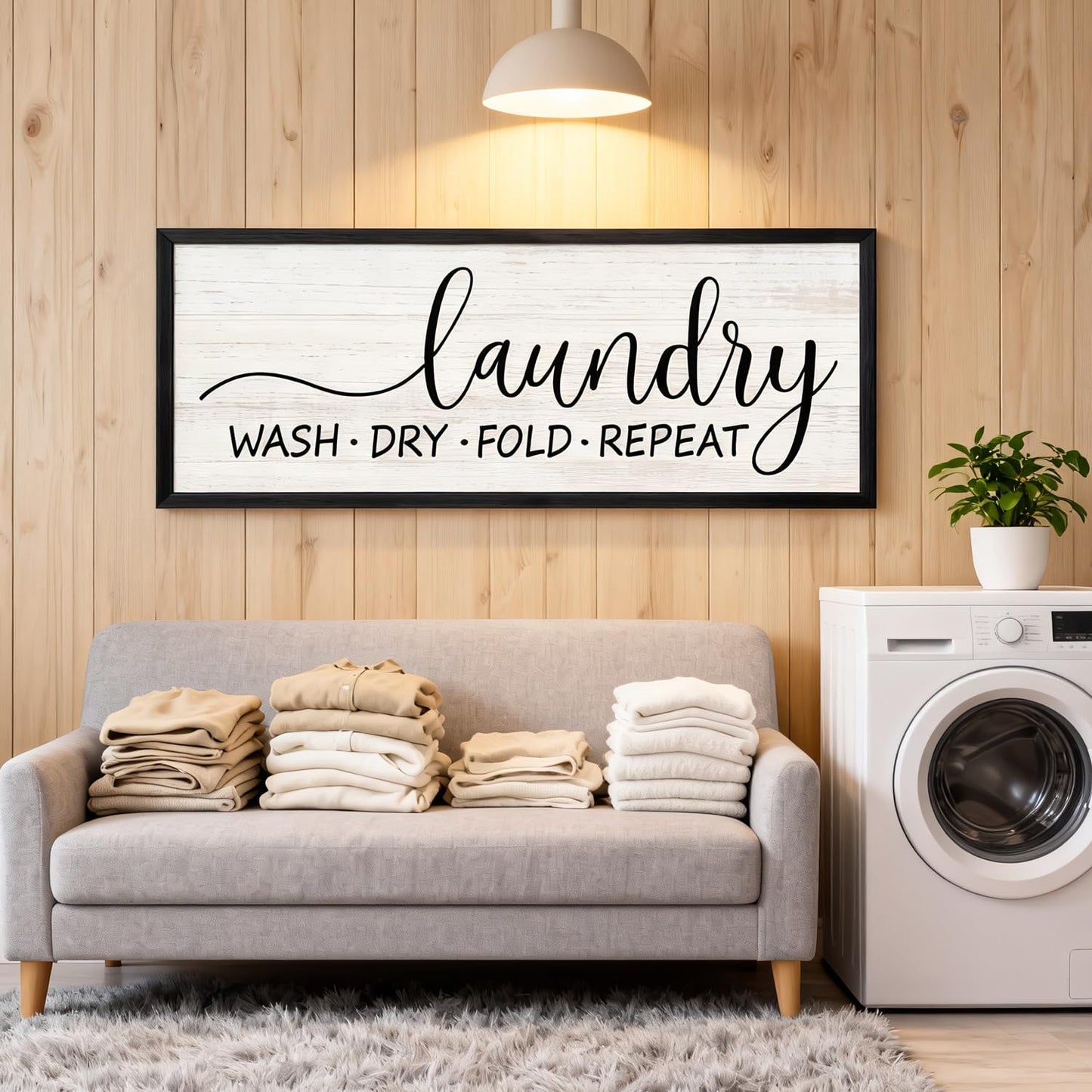 Wash Dry Fold Repeat Wooden Sign Framed Wall Art, Horizontal Motivational Laundry Room Quote Wood Plaque above the Bathtub, 32''×12'' Farmhouse Long Saying Wood Sign Wall Decor for Washing Room