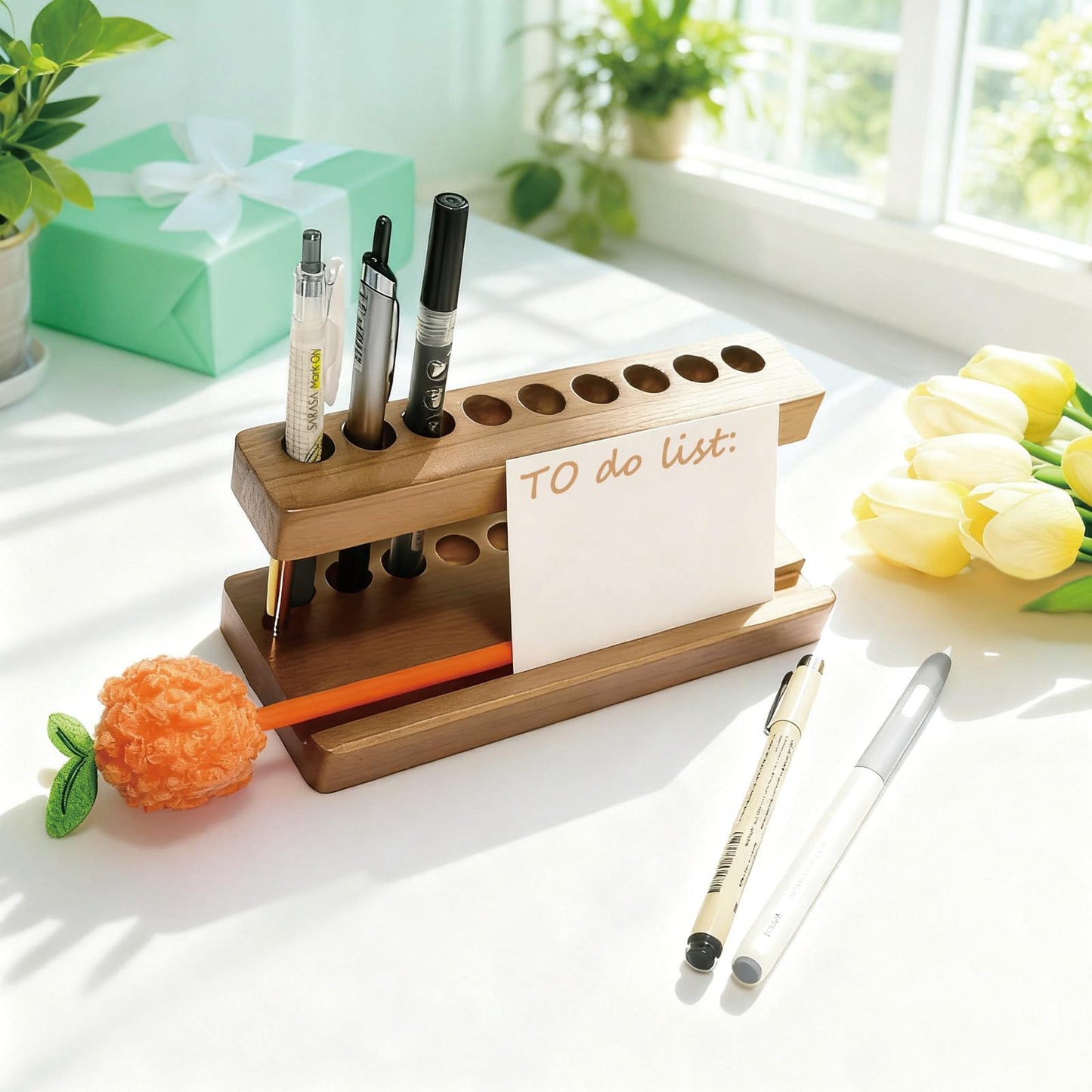 VOVCIG Multifunctional Wood Pen Holder for Desk,Fountain Pen Stand with 9 Slots and Phone Holder,for Office and Home Desk Decor