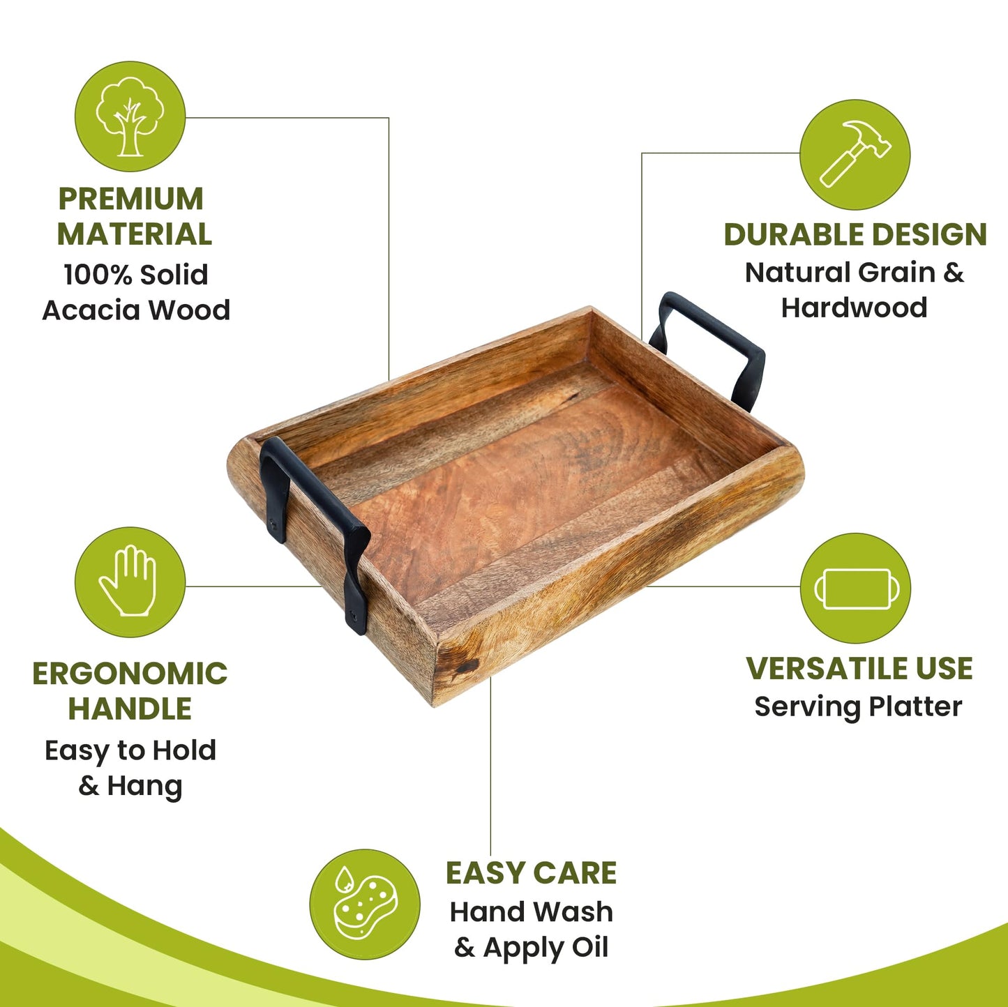 Acacia Serving Tray – Durable Large Wooden Serving Tray w/Handle – Non-Slip Kitchen Accessories for Daily Use – Easy Use Wooden Trays For Food