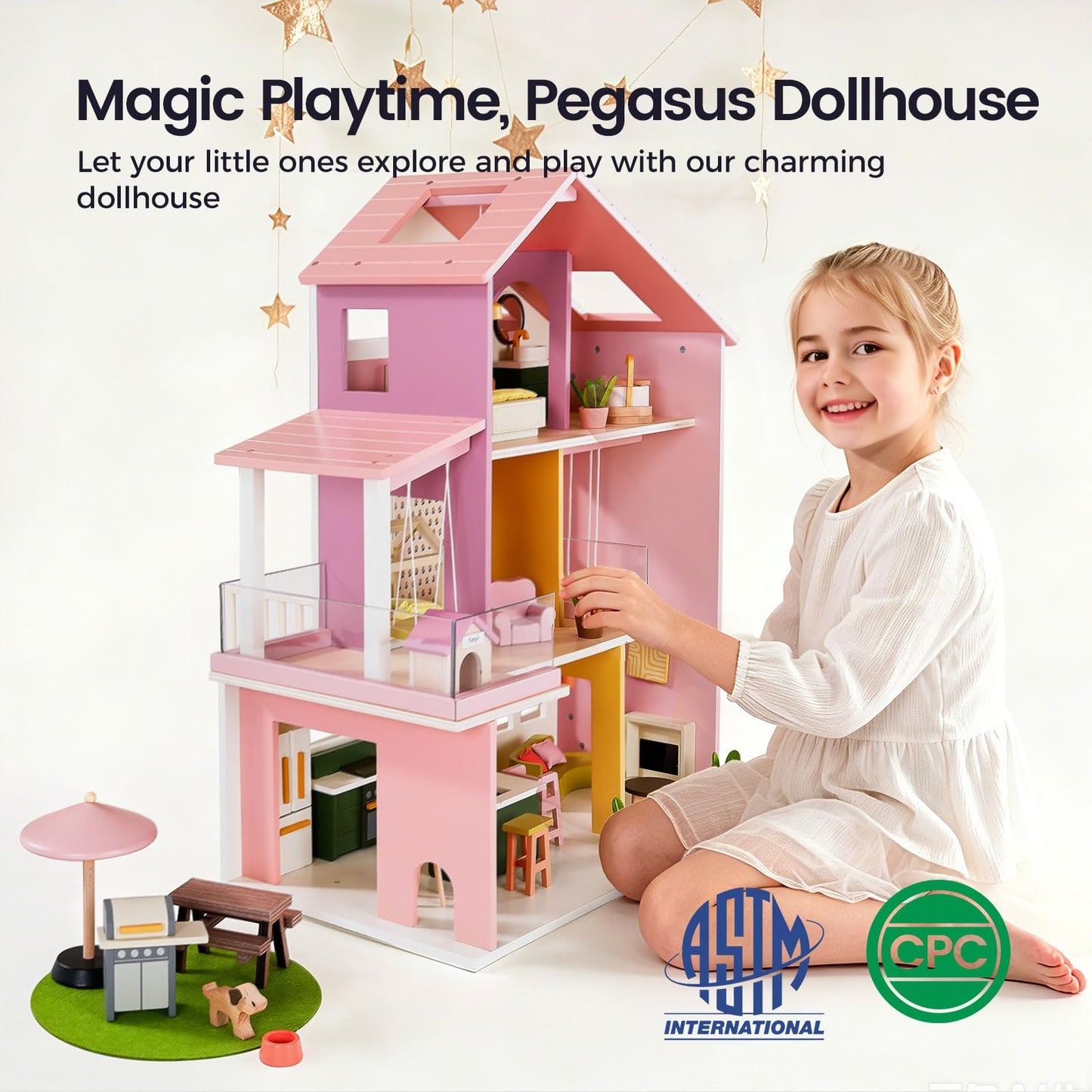 Tiny Land Wooden Dollhouse Garage Set，Wooden Doll House