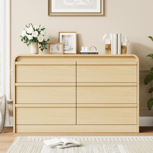 Garvee 6 Drawer Dresser for Bedroom, 47" Wide Wooden Dressers with Curved Profile Design, Mid Century Chest of Drawers Closet Clothes Storage Organizer for Living Room, Entryway, Nursery, Natural