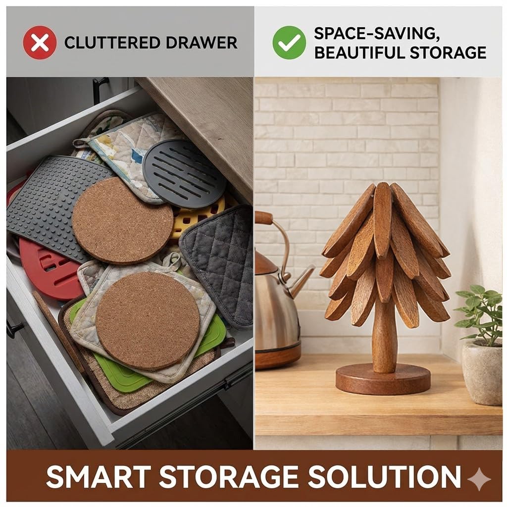 Wooden Trivets for Hot Dishes, Foldable Tree Trivet Set with Stand, 4-Layer Walnut Wood Trivet for Pots, Pans, Coffee & Teapot, Space Saving Table Protector for RV, Decorative Kitchen Decor & Gift