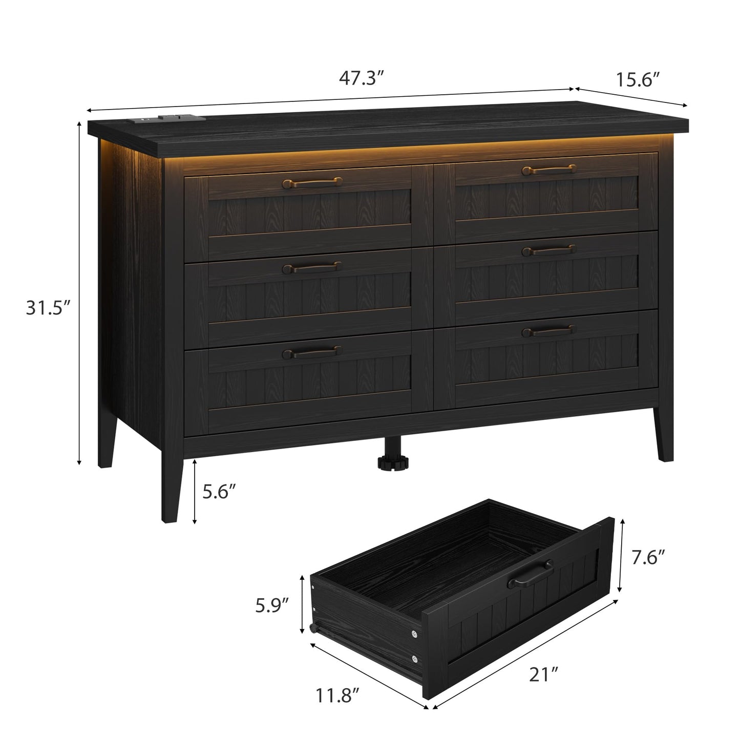 IDEALHOUSE 6 Drawer Dresser with Charging Station & LED Lights