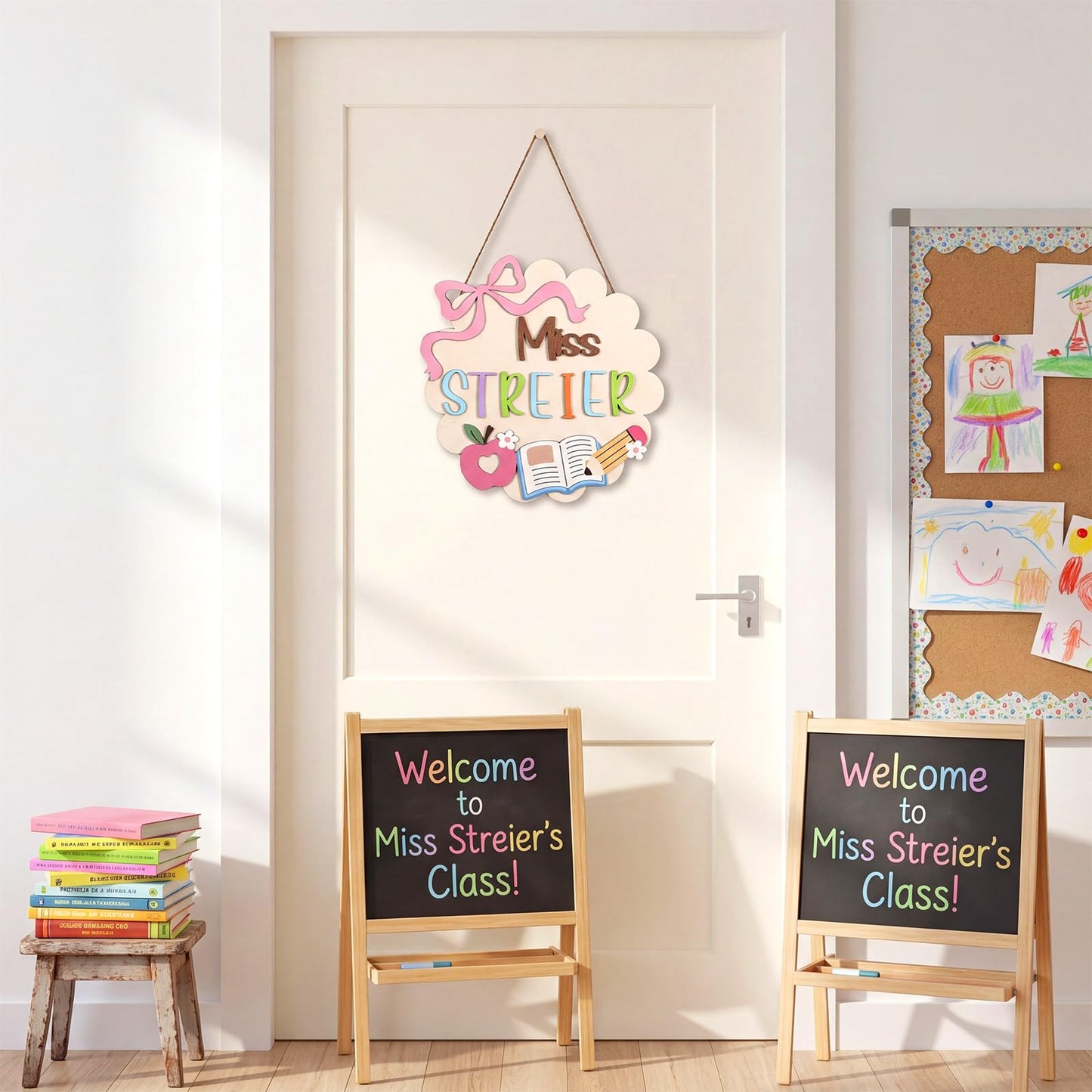 Sliner DIY Teacher Door Sign Classroom Welcome Door Sign DIY Wooden Letter Name Plate with Mr/mrs/miss Personalized Appreciation Teacher Gifts for Back to School Classroom Decor (Bow)