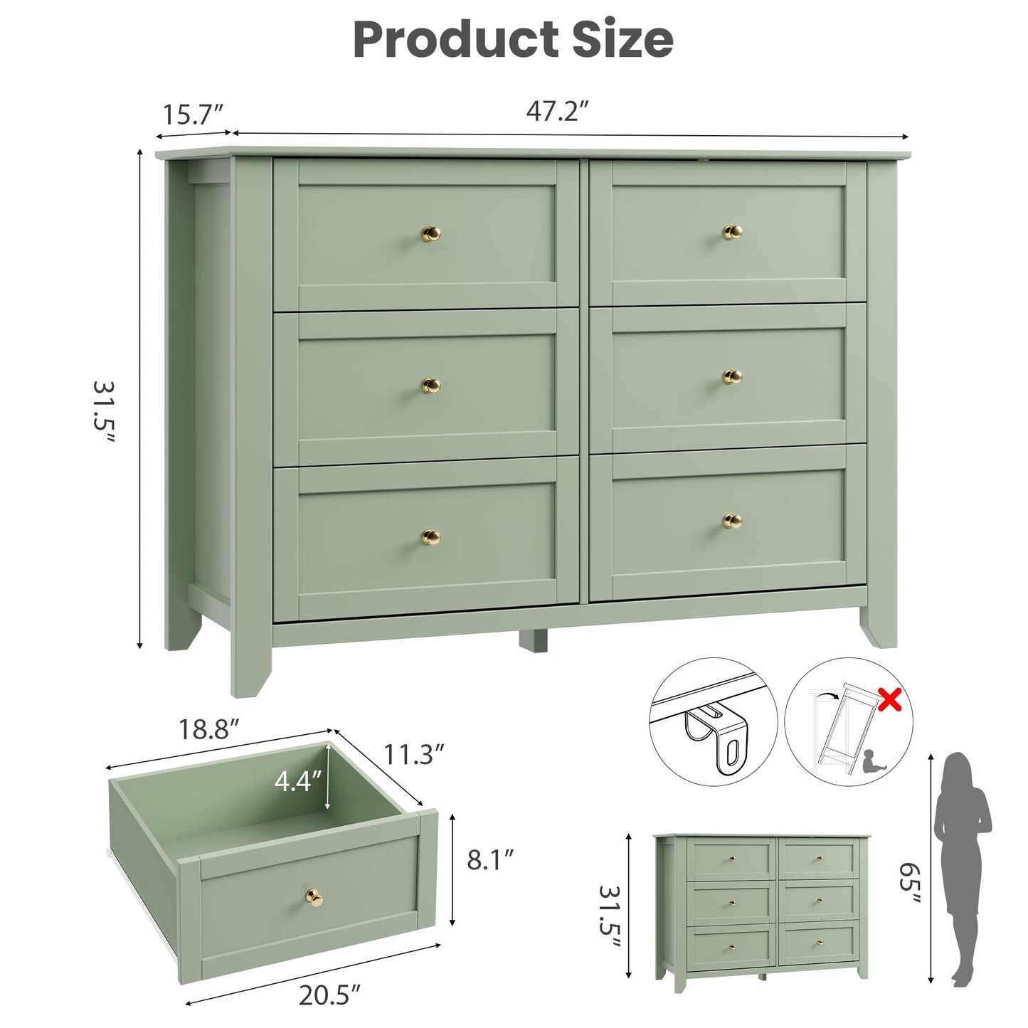 IDEALHOUSE Sage Green 6 Drawer Dresser for Bedroom, Large Dresser with Deep Drawers & Metal Knobs, Modern Wooden Chests of Drawers for Entryway, Hallway