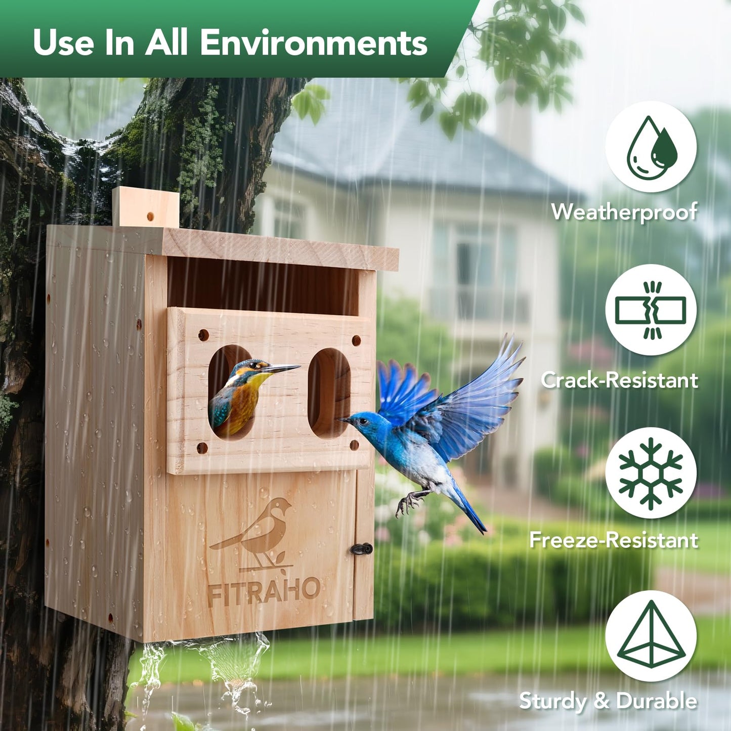 Bird Houses for Outside, Durable Birdhouse with Dual Entrances, Weatherproof & Perfect for Bluebirds, Wrens, Finches & Swallows(Assembly Required)