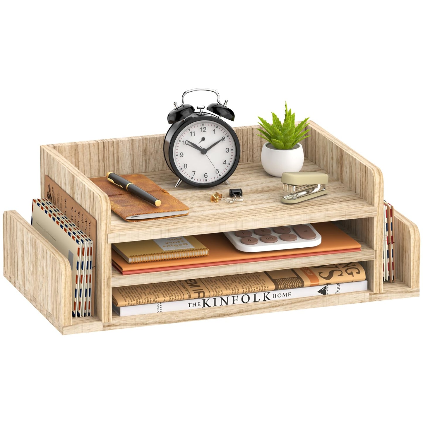 SUPEASY Wooden Desk Organizer, 3-Tier Letter Tray File Organizer with Dual Side Mail Sorter, Solid Wood Desktop Paper Organizer for Office, Home Office, Classroom (Natural Wood)