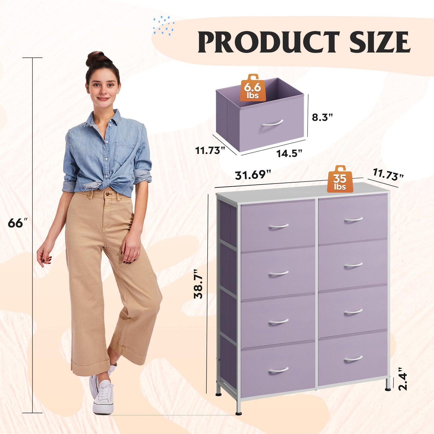 WLIVE Fabric Dresser for Bedroom, Tall Dresser with 8 Drawers, Storage Tower with Fabric Bins, Double Dresser, Chest of Drawers for Closet, Playroom, Dormitory, Purple