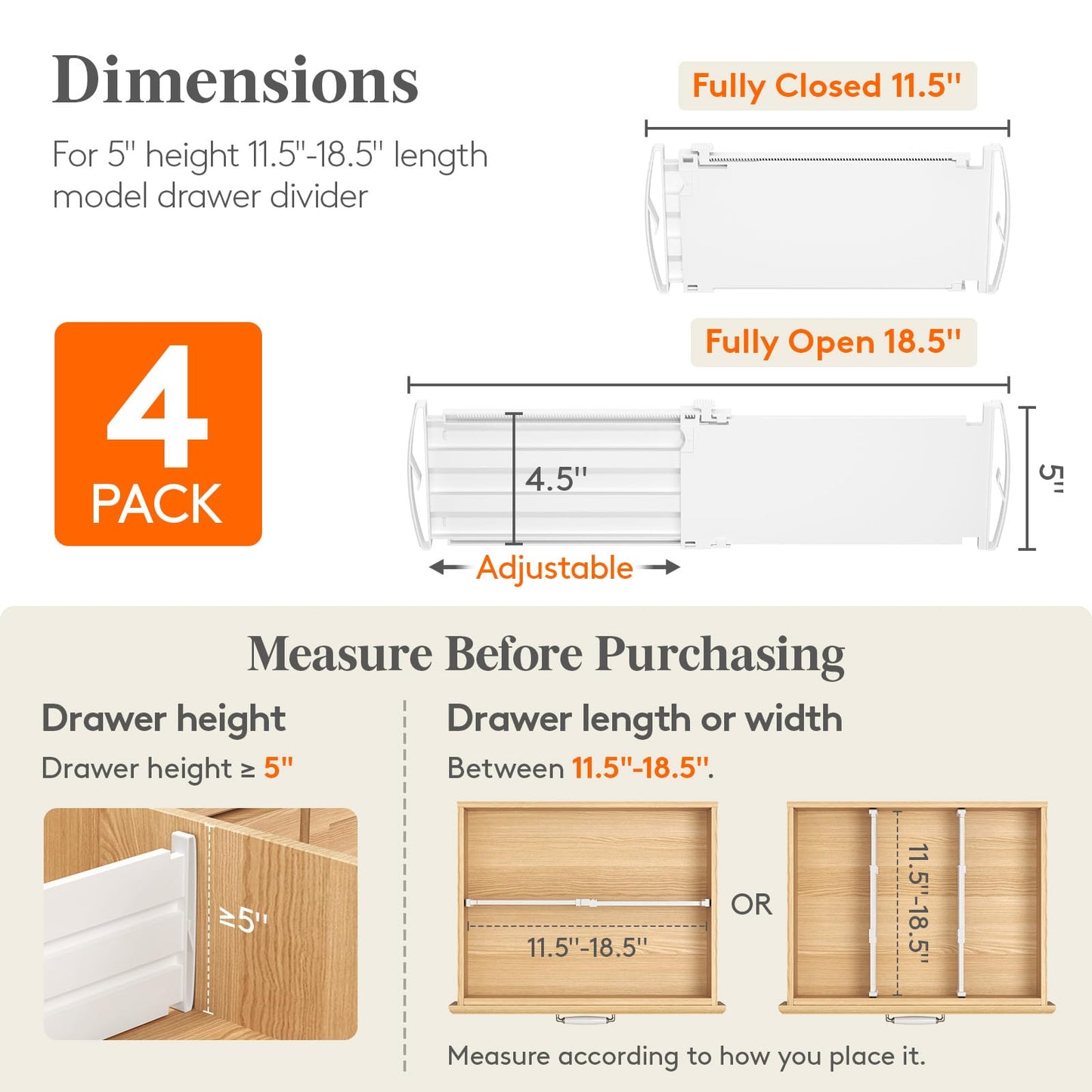 Lifewit 4 Pack 5" High Drawer Dividers for Clothes, 11.5"-18.5" Expandable Dresser Drawer Organizers, Adjustable White Plastic Separators for Kitchen, Cabinet, Nursery, Socks & Underwear Storage