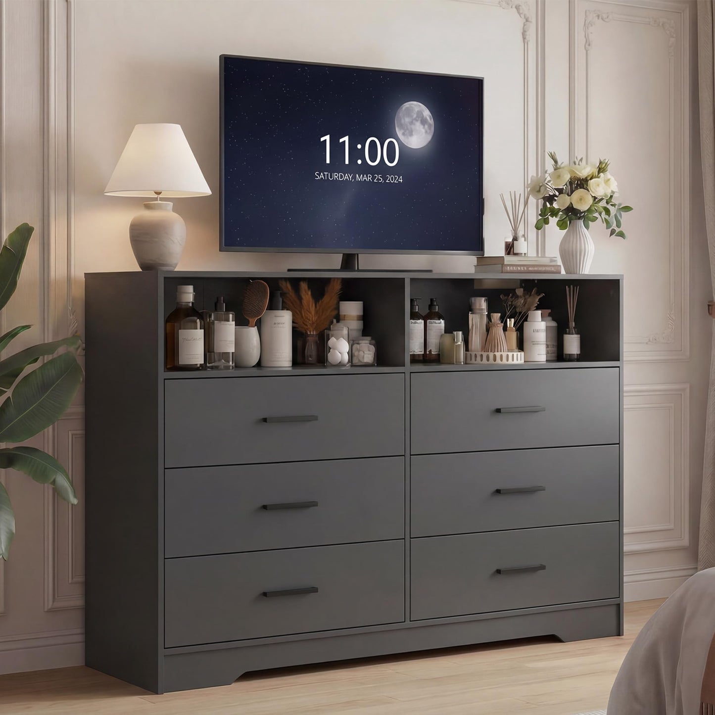 Garvee 6 Drawer Wooden Dressers for Bedroom with Charging Station & Open Shelf, 47" Wide Black Dresser, Wood Chest of Drawers with Deep Drawers, Modern TV Stand Storage Organizer for Living Room, Dorm